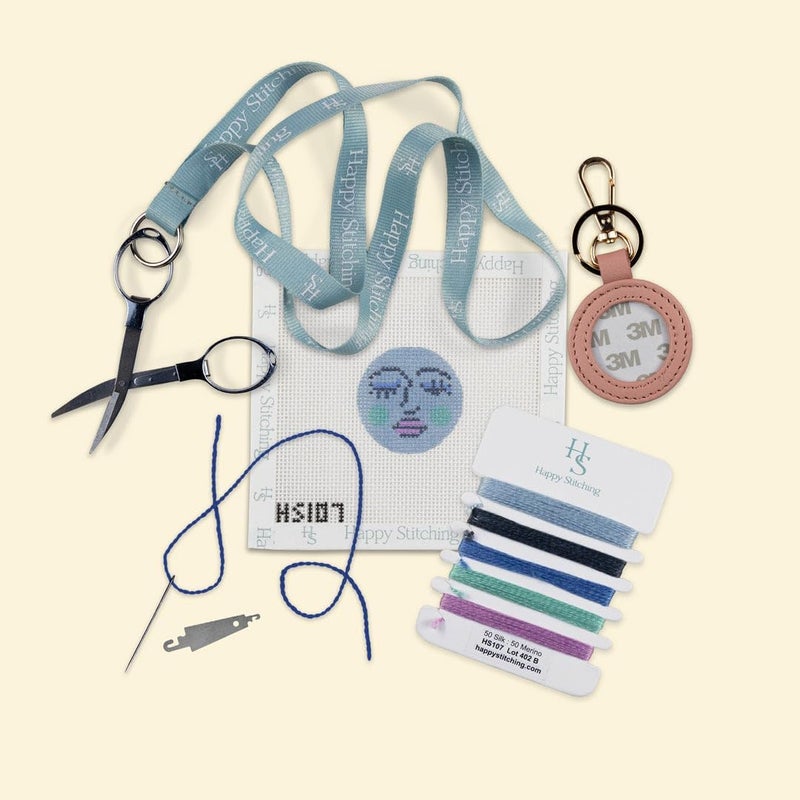 Happy Stitching Moon Face Key Fob Needlepoint Kit All-in-One, Self-Finishing Needlepoint Kit - Image 1